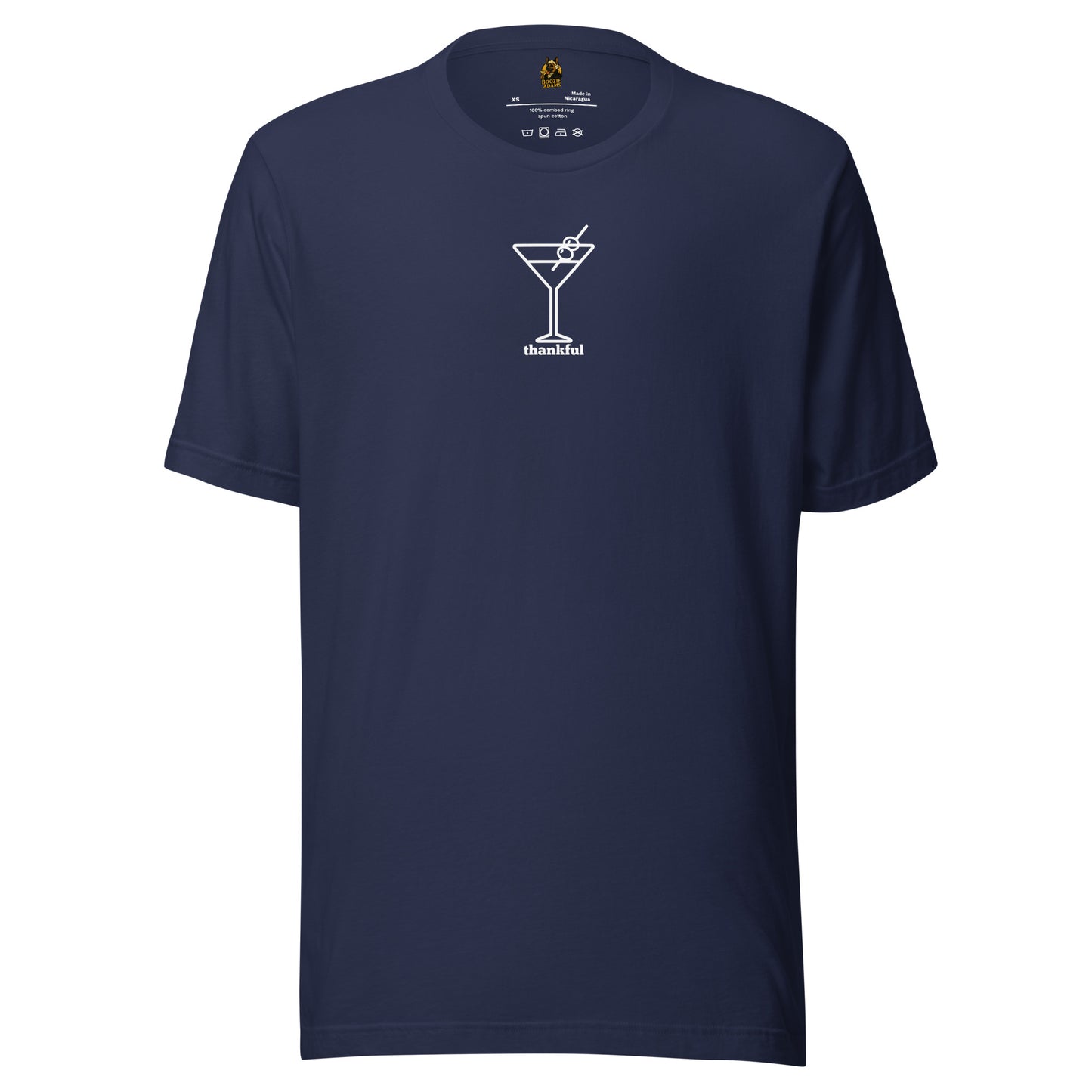 Blue unisex t-shirt with a cocktail graphic and 'thankful' text in white – Boozie Adams