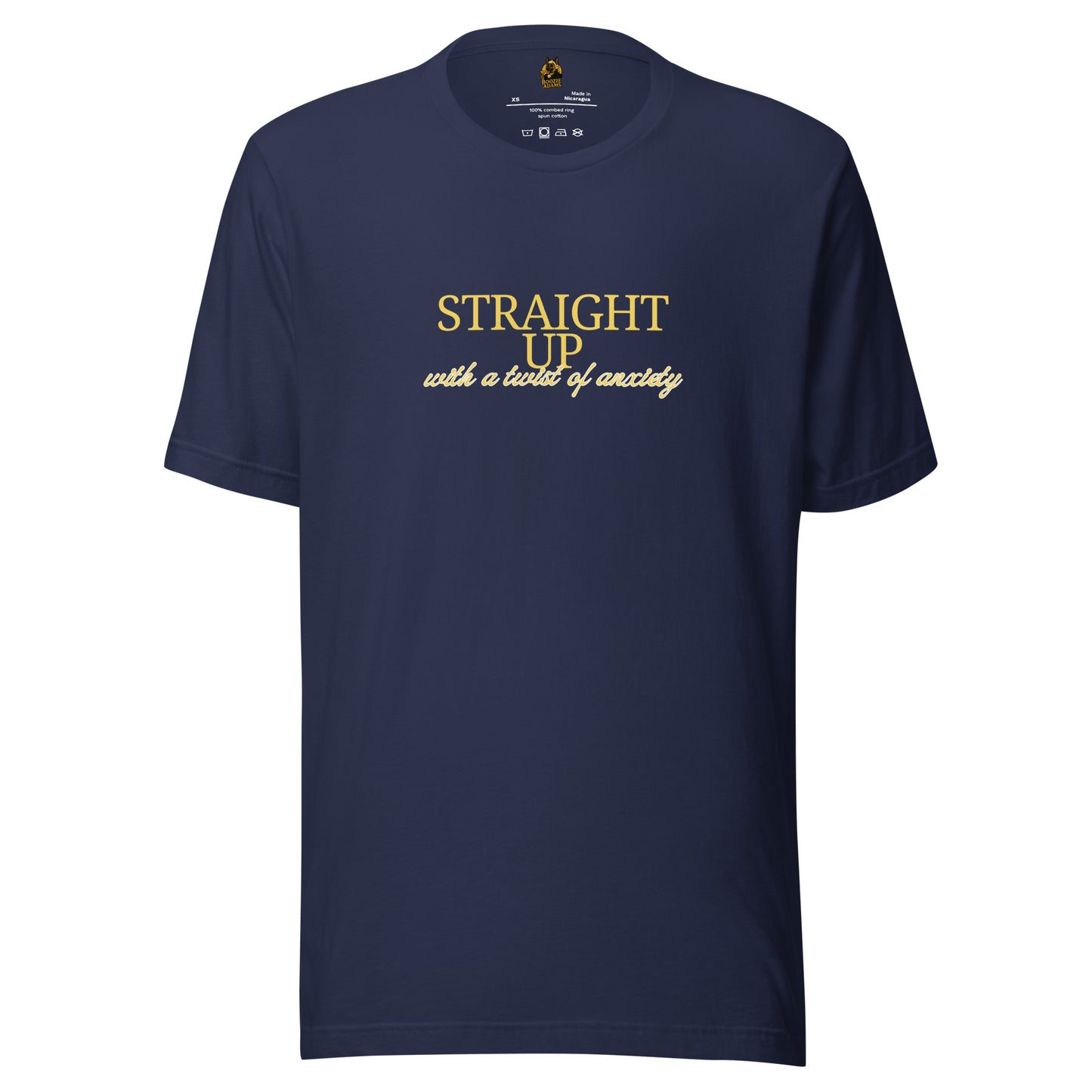 Navy unisex t-shirt with gold 'Straight up with a twist of anxiety' text – Boozie Adams