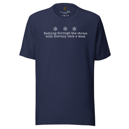 Navy blue unisex t-shirt with white 'Dashing through the stress with therapy once a week' text and snowflake graphics in white – Boozie Adams