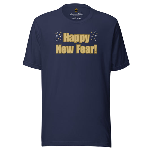 Navy unisex t-shirt with 'Happy New Fear!' text in gold – Boozie Adams