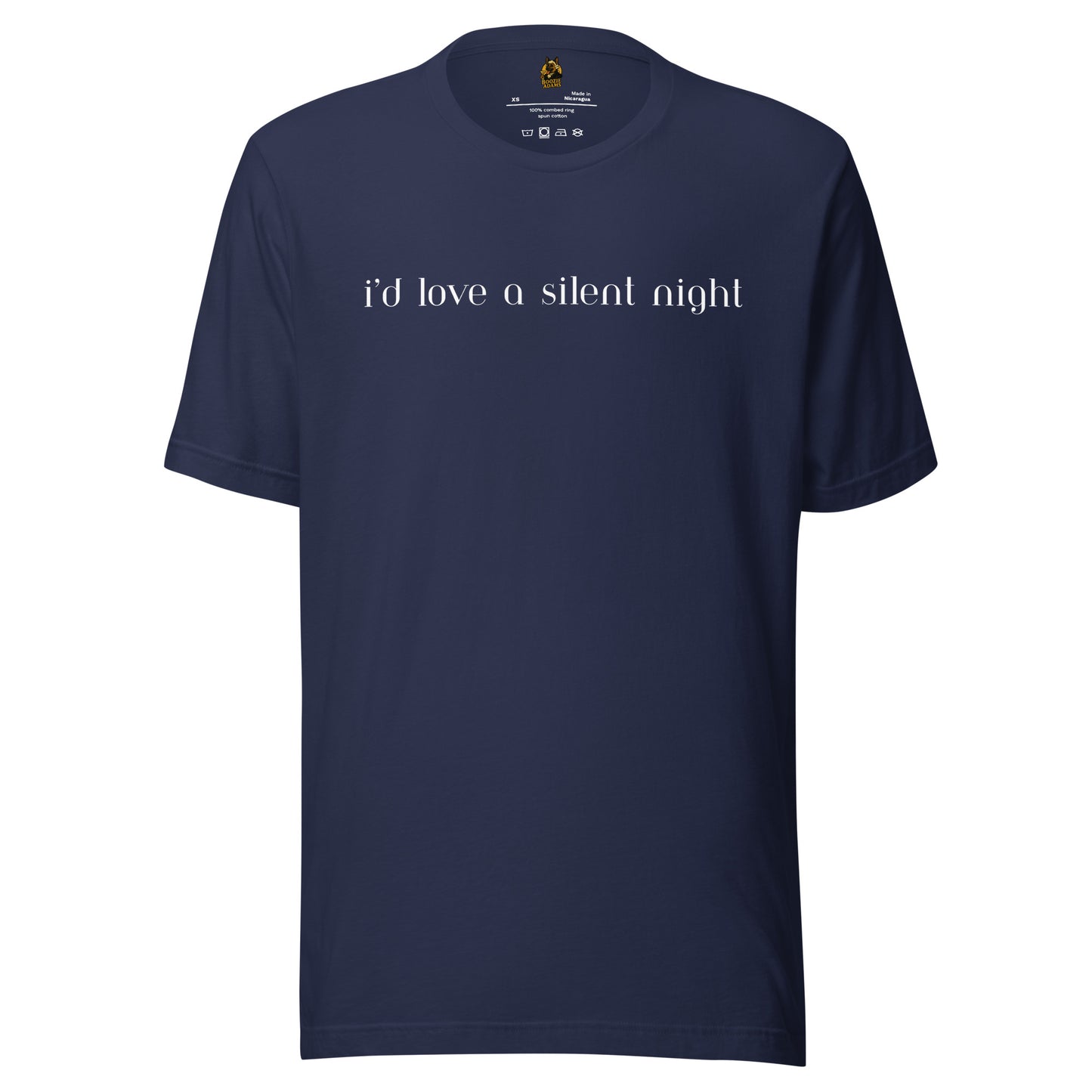 Navy blue unisex t-shirt with white text 'i'd love a silent night' – Boozie Adams