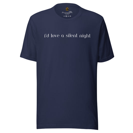 Navy blue unisex t-shirt with white text 'i'd love a silent night' – Boozie Adams