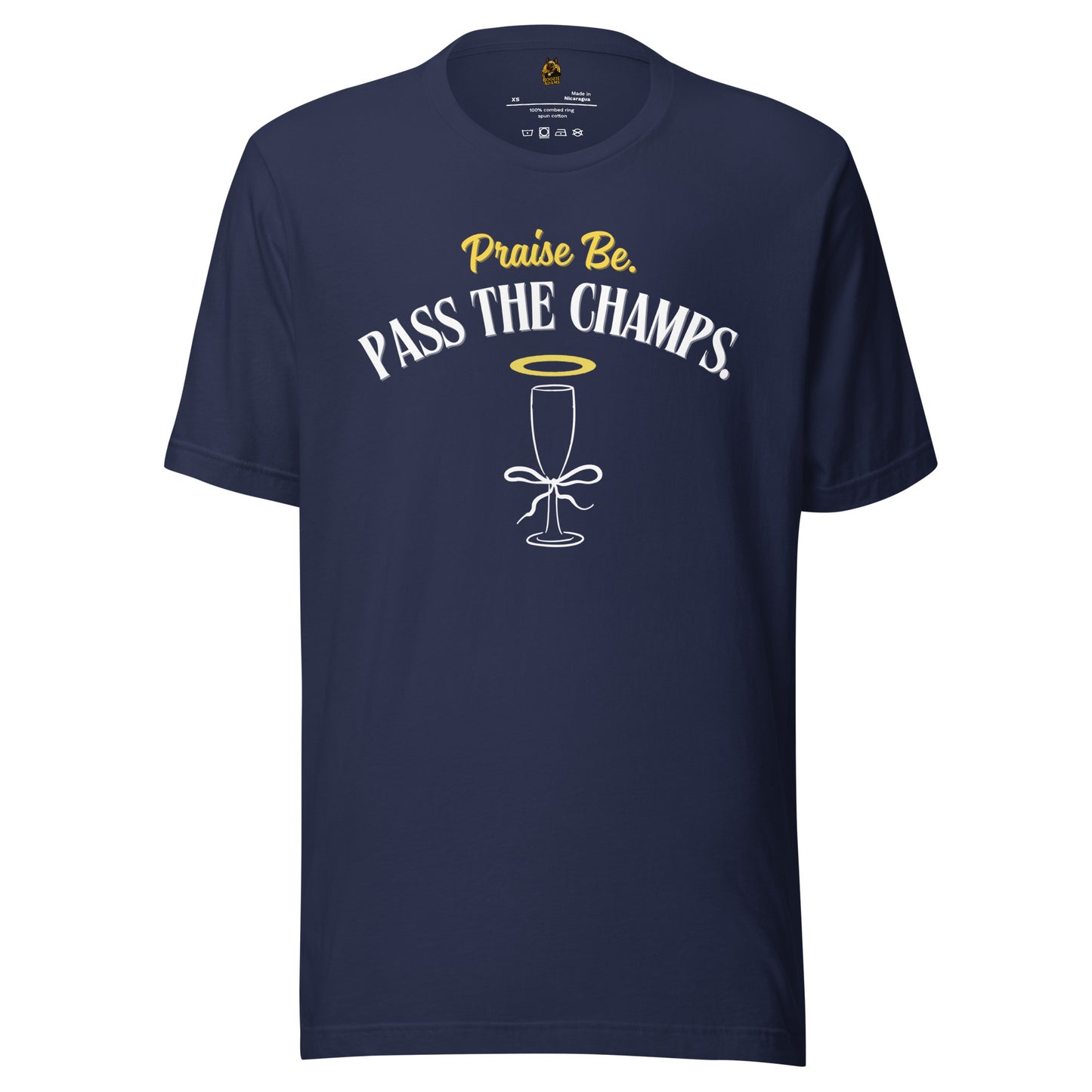Blue unisex t-shirt a champagne with a halo grapic and 'Praise be. Pass the Champs.' text – Boozie Adams