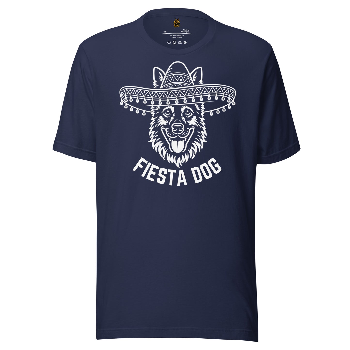 Navy unisex t-shirt with a white graphic of a dog wearing a sombrero and the text 'Fiesta Dog' – Boozie Adams