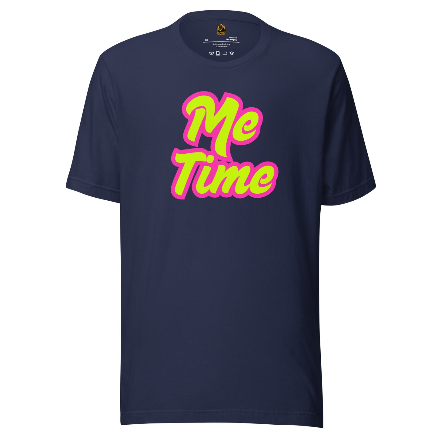 Navy unisex t-shirt with 'Me Time' text in pink and yellow – Boozie Adams