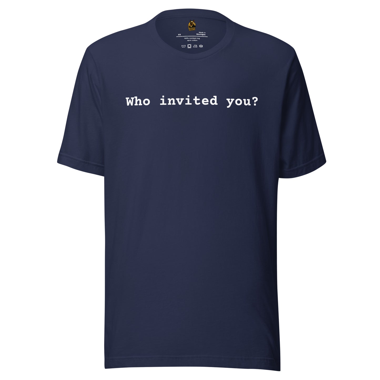 Navy unisex t-shirt with 'Who invited you?' text – Boozie Adams