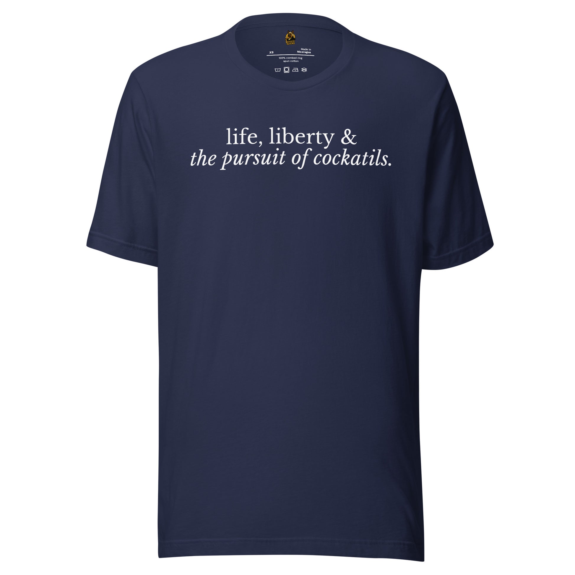 Navy unisex t-shirt with 'life, liberty & the pursuit of cocktails' text – Boozie Adams