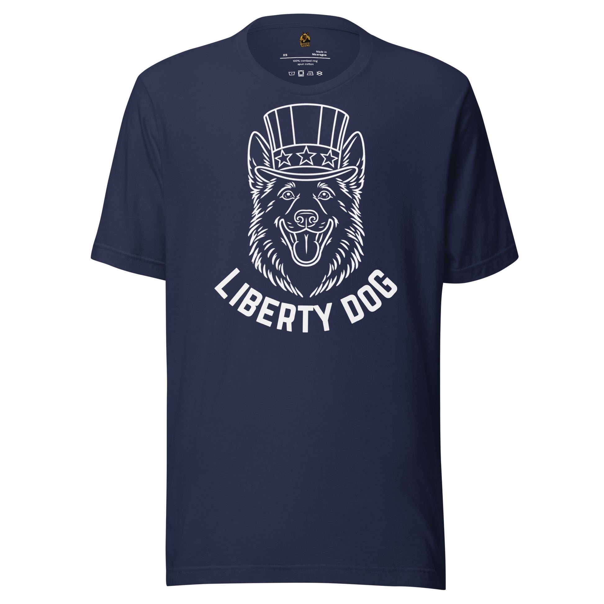 Navy unisex t-shirt with a graphic of a dog wearing uncle sam top hat and the text 'Liberty Dog' – Boozie Adams