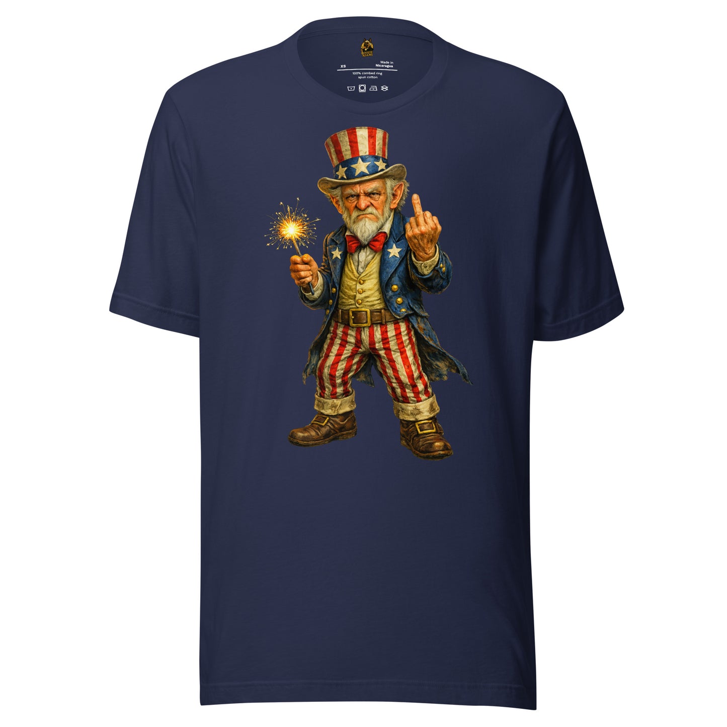 Navy unisex t-shirt with Uncle Sam graphic holding a sparkler  and flipping the bird – Boozie Adams