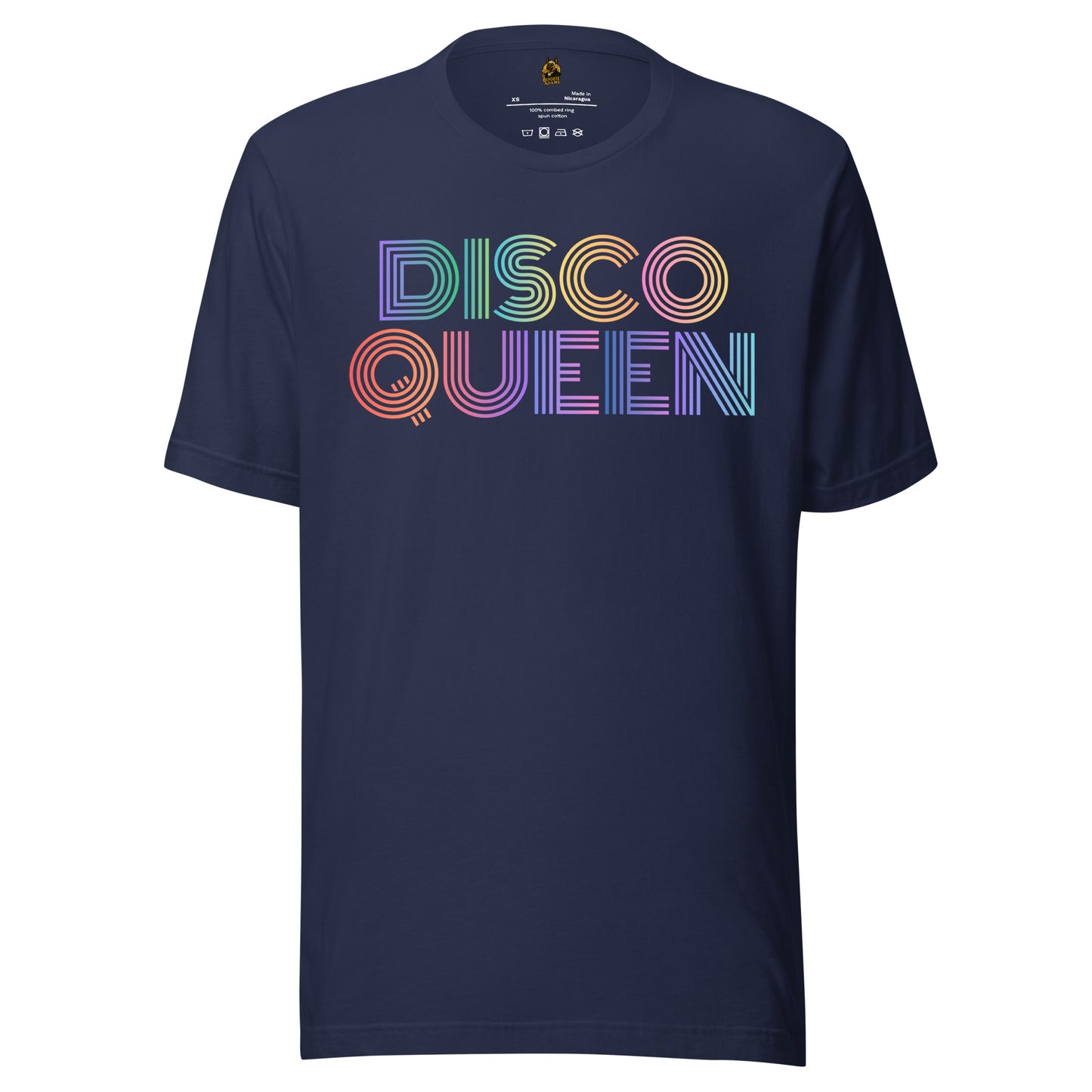 Navy unisex t-shirt with 'DISCO QUEEN' in colorful letters – Boozie Adams