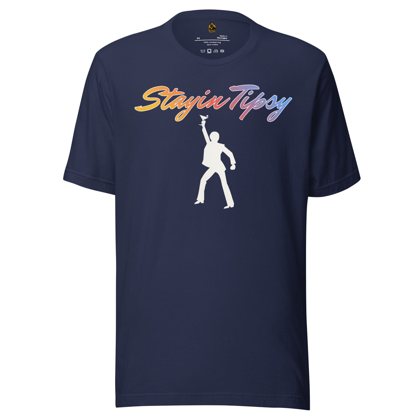 Navy unisex t-shirt with 'Stayin Tippsy' text and silhouette design – Boozie Adams
