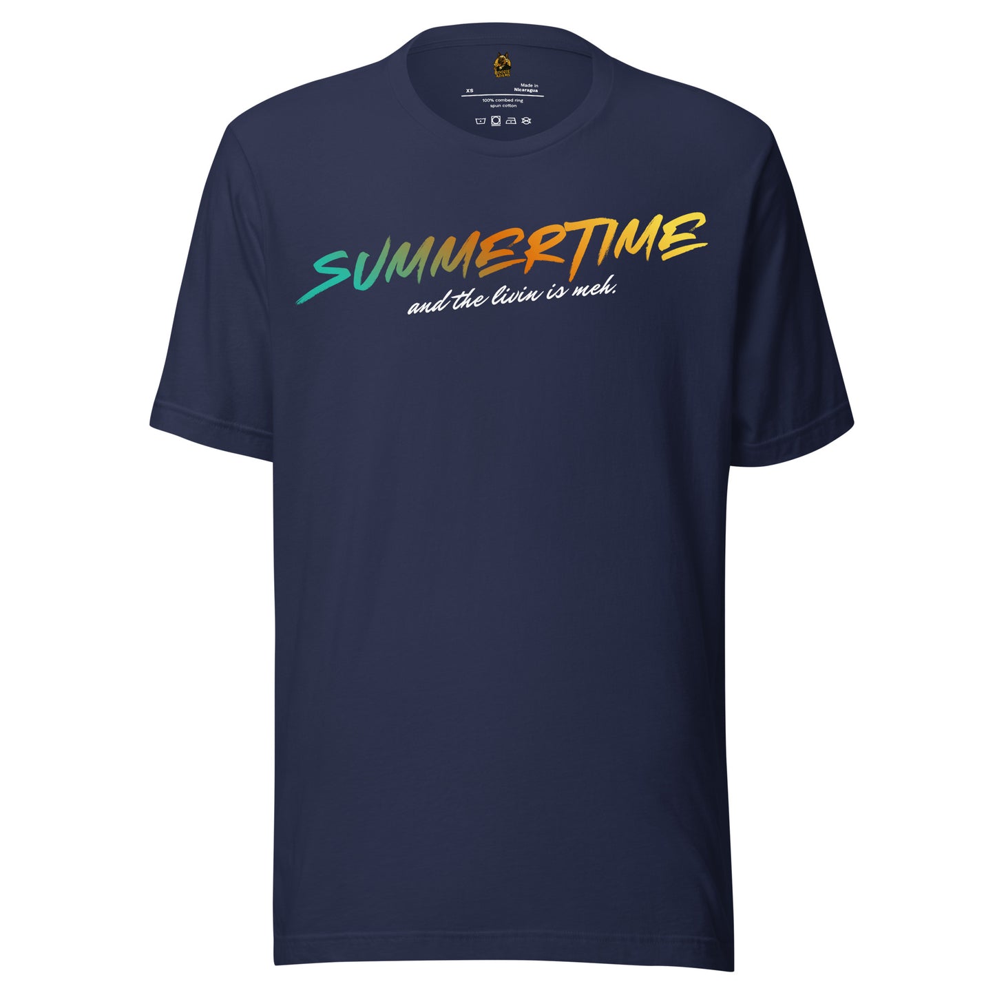 Navy unisex t-shirt with colorful 'Summertime and the livin is meh.' text – Boozie Adams