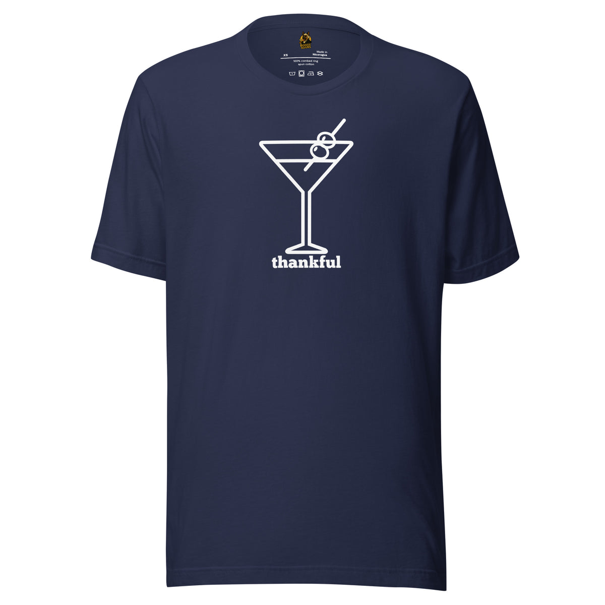 Navy unisex t-shirt with a cocktail graphic and 'thankful' text in white – Boozie Adams