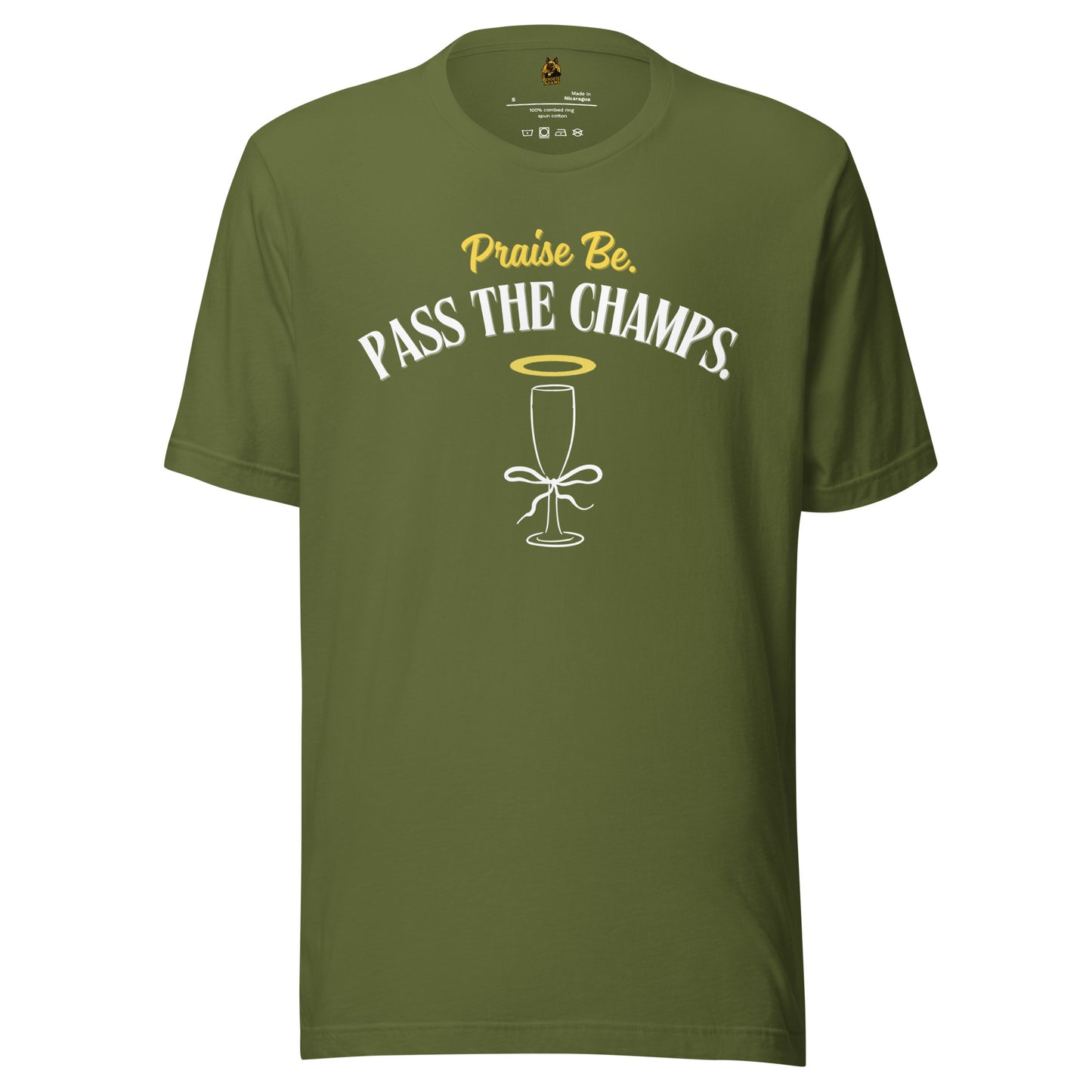 Green unisex t-shirt a champagne with a halo grapic and 'Praise be. Pass the Champs.' text – Boozie Adams