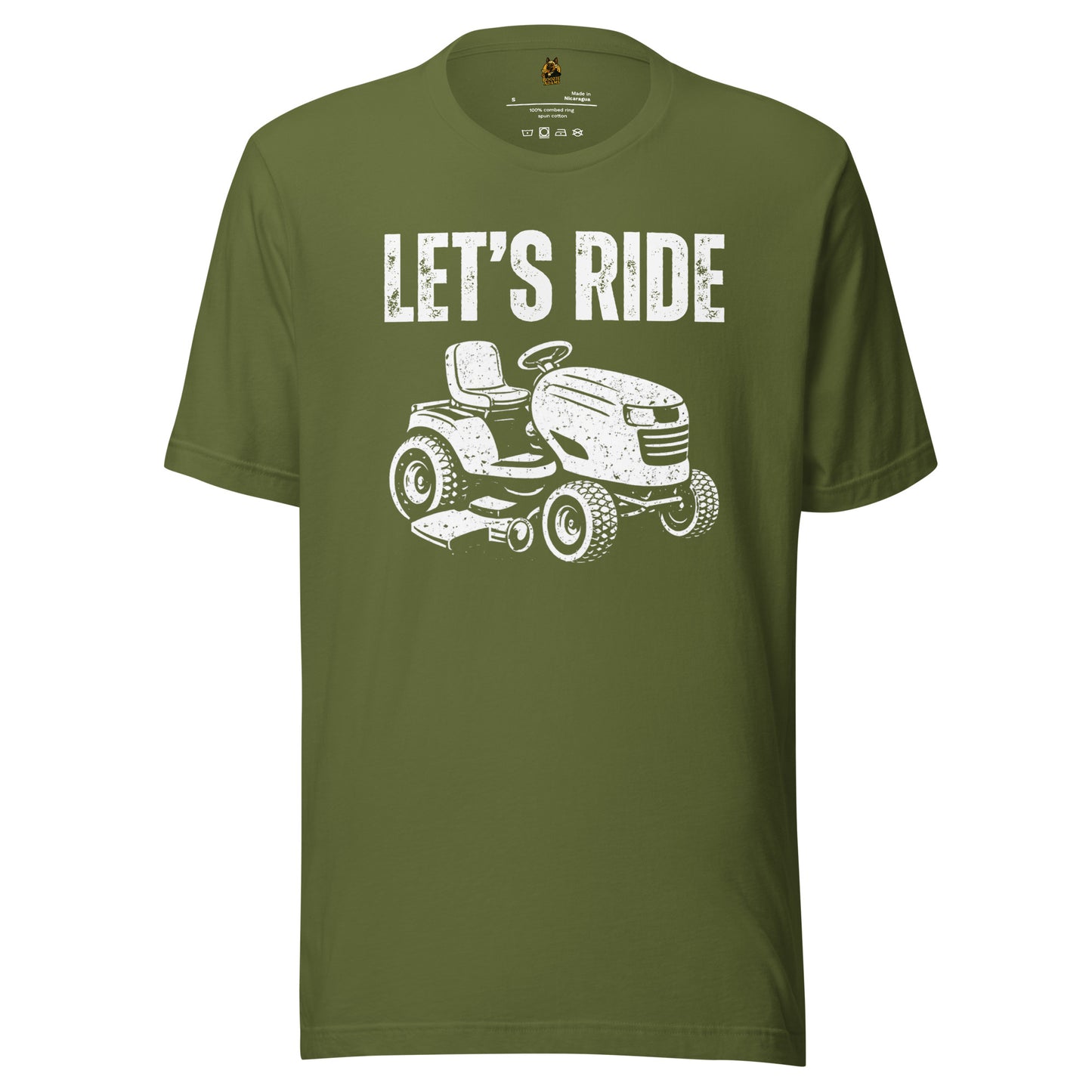 Olive unisex t-shirt with white graphic of a riding lawn mower and 'Let's Ride' text – Boozie Adams
