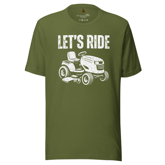 Olive unisex t-shirt with white graphic of a riding lawn mower and 'Let's Ride' text – Boozie Adams