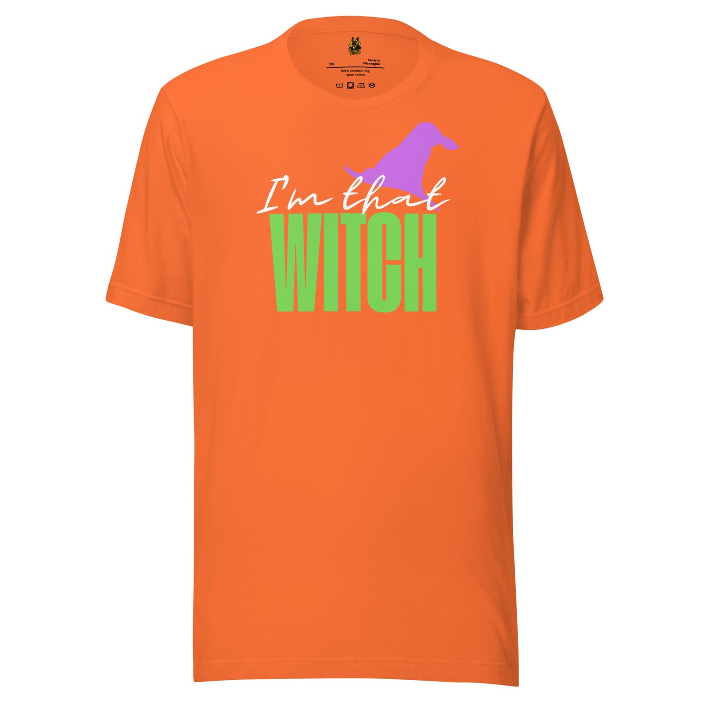 Orange unisex t-shirt with 'I'm that WITCH' text and purple witch hat graphic – Boozie Adams