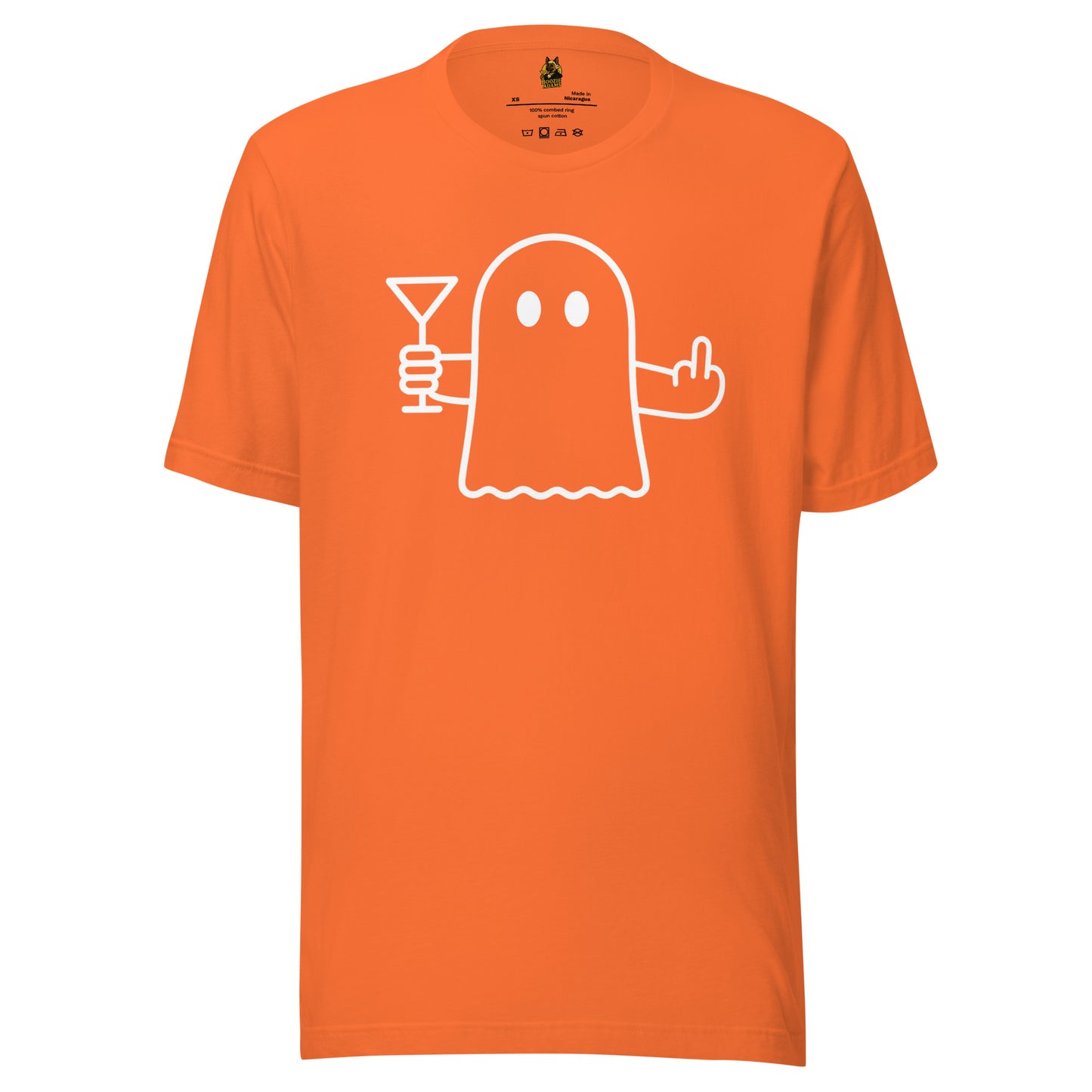 Orange unisex t-shirt with a white ghost holding a martini glass and flipping the bird – Boozie Adams