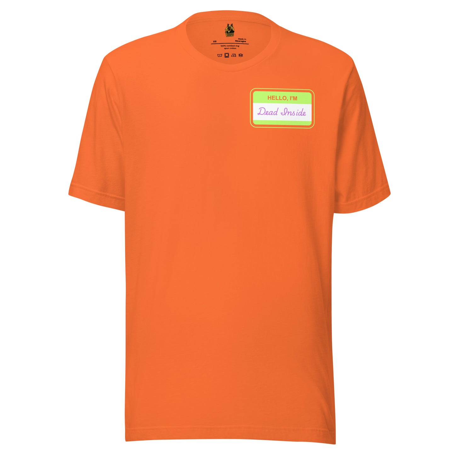 Orange unisex t-shirt with a green label with 'Hello, I'm Dead Inside' text – Boozie Adams