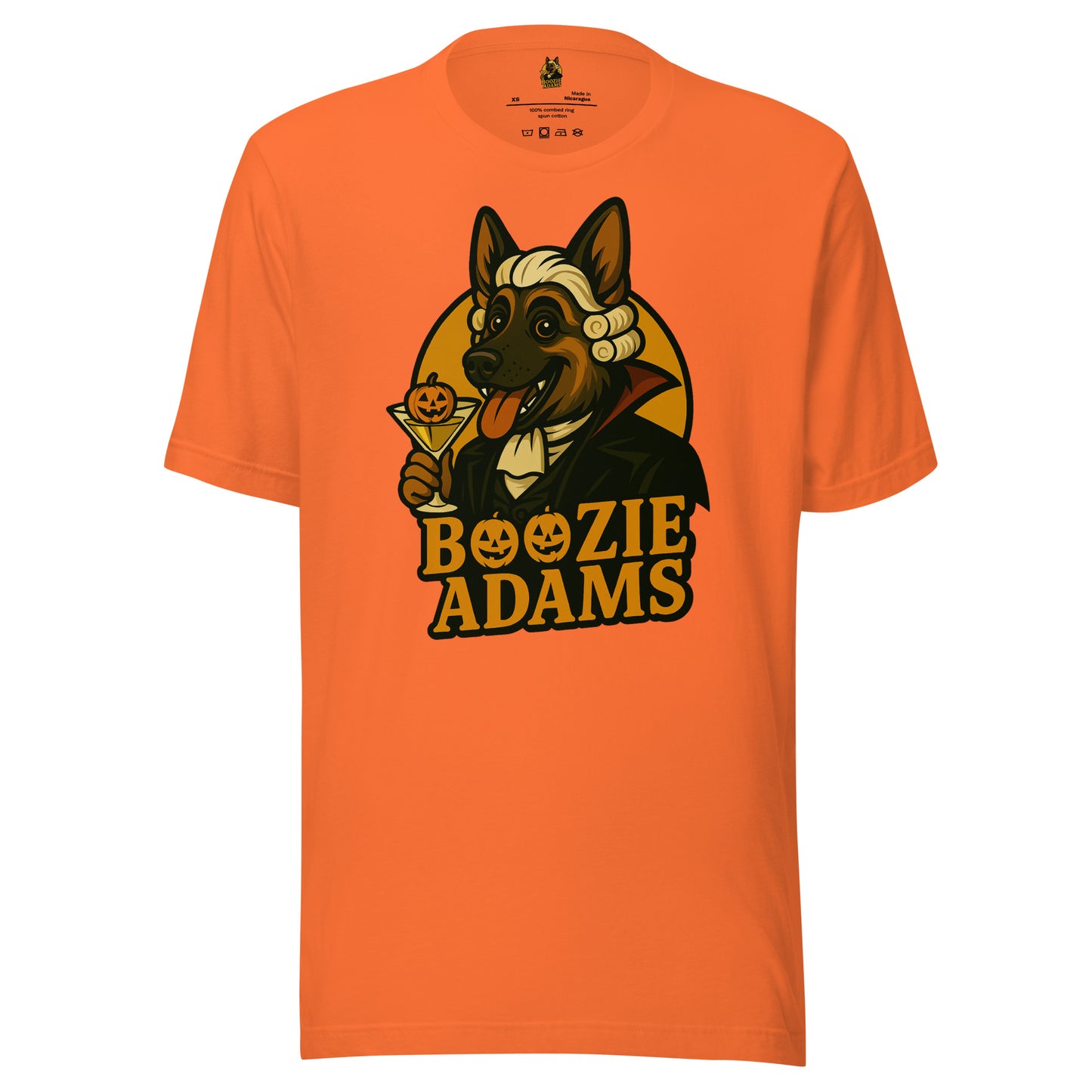 Orange unisex t-shirt with a graphic of Boozie Adams – a dog holding a martini with a pumpkin and the text 'Boozie Adams' – Boozie Adams