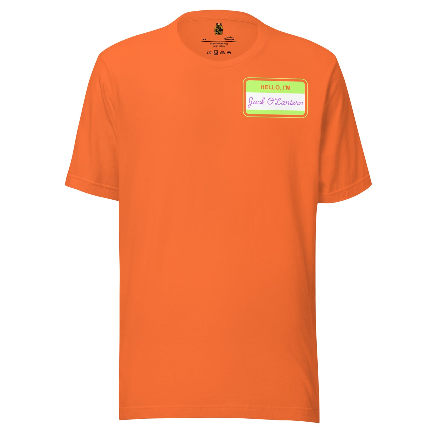 Orange unisex t-shirt with a green label with text 'Hello I'm Jack O'lantern' – Boozie Adams