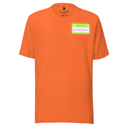 Orange unisex t-shirt with a green label with text 'Hello I'm Jack O'lantern' – Boozie Adams