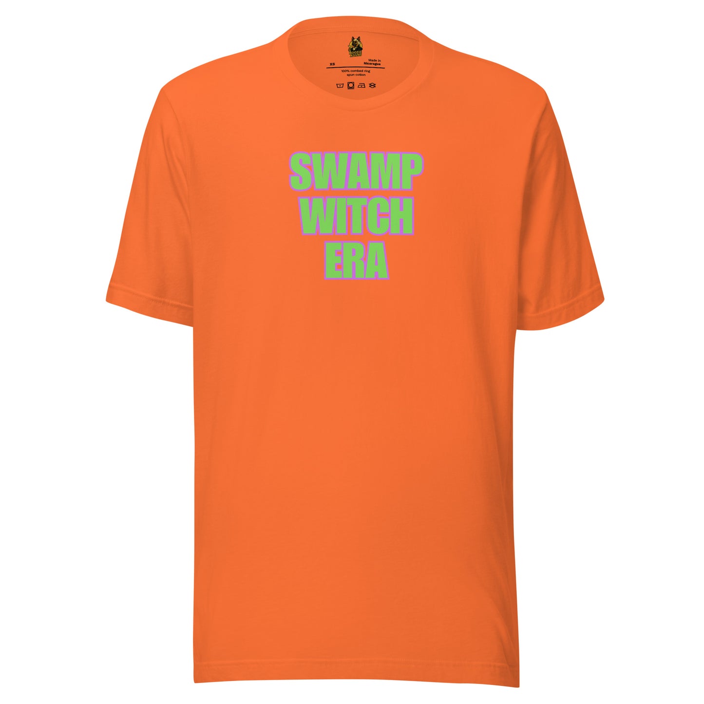 Orange unisex t-shirt with 'SWAMP WITCH ERA' text in green and purple – Boozie Adams