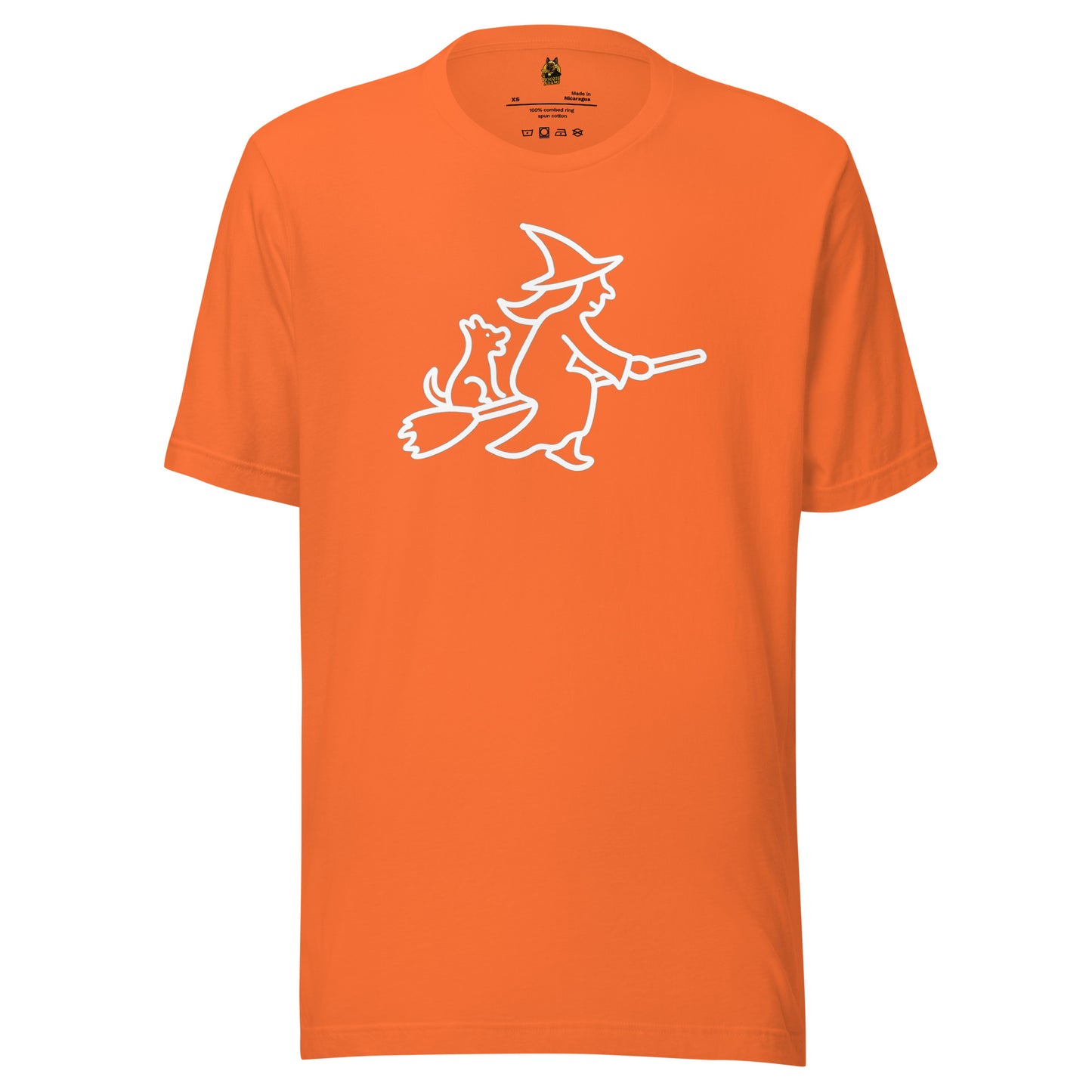 Orange unisex t-shirt with a white witch on a broom with a dog graphic – Boozie Adams