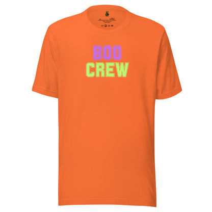 Orange unisex t-shirt with 'BOO CREW' text in lavender and green – Boozie Adams mockup