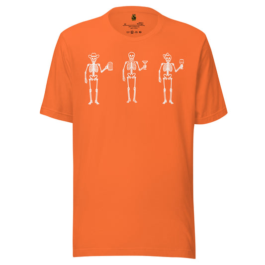 Orange unisex t-shirt with graphic of three skeletons each holding a wine, beer, and martini glass – Boozie Adams