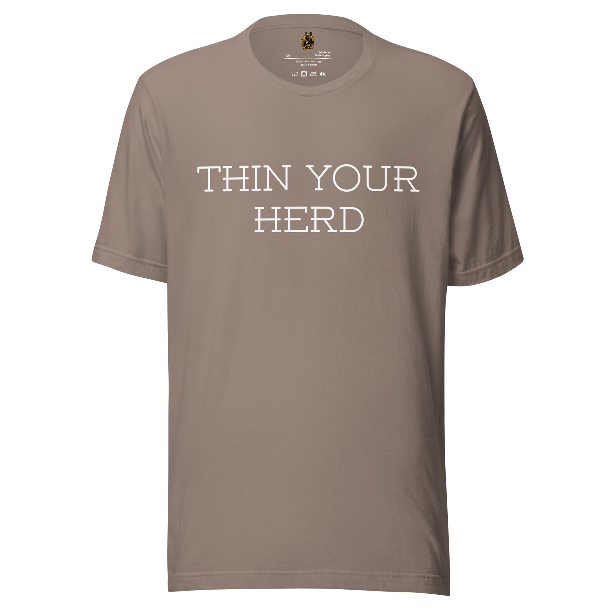Brown unisex t-shirt with 'THIN YOUR HERD' text on a white background – Boozie Adams
