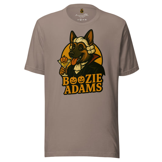 Pebble unisex t-shirt with a graphic of Boozie Adams – a dog holding a martini with a pumpkin and the text 'Boozie Adams' – Boozie Adams