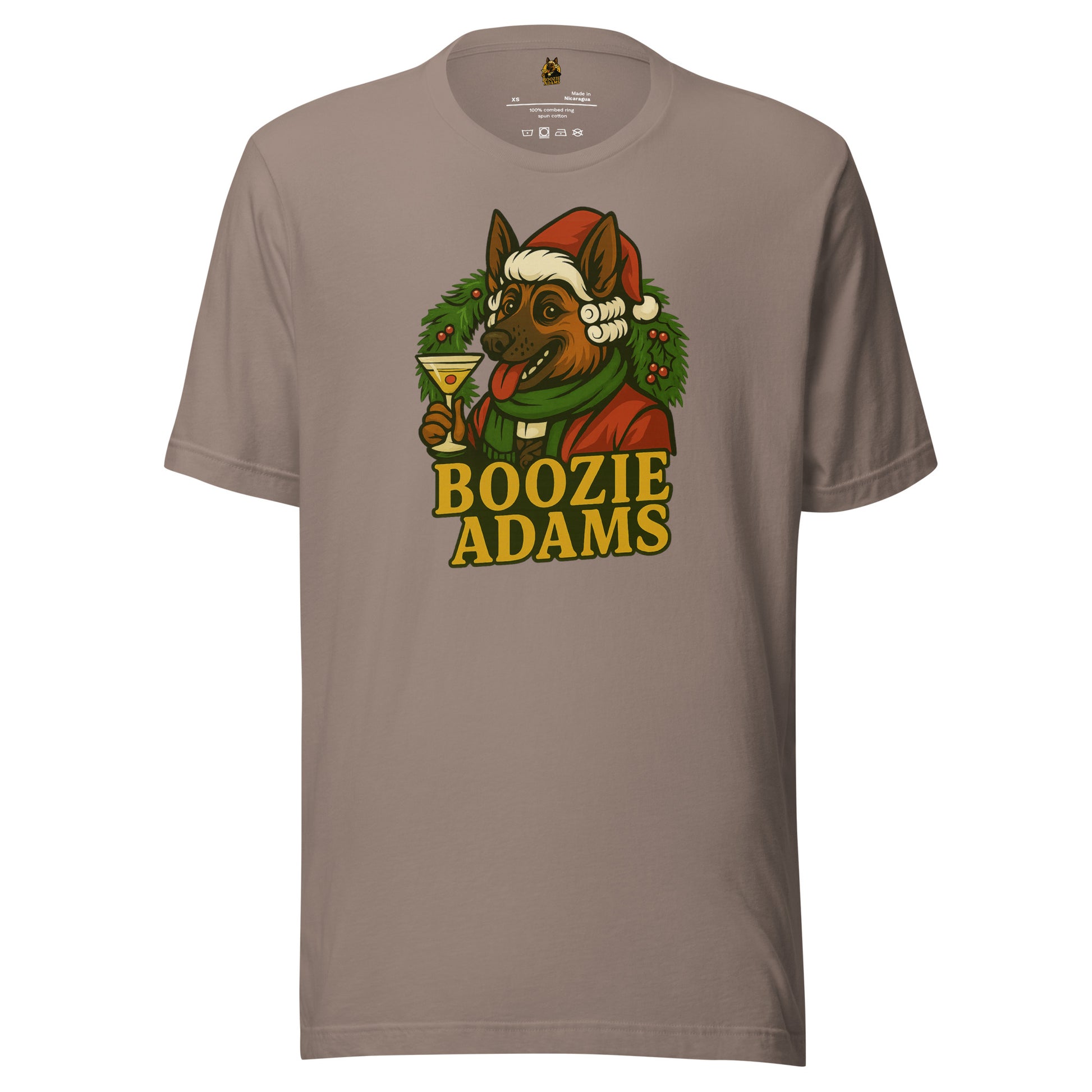 Brown unisex t-shirt with a graphic of a dog in a Santa hat with a martini and a wreath and 'Boozie Adams' text – Boozie Adams