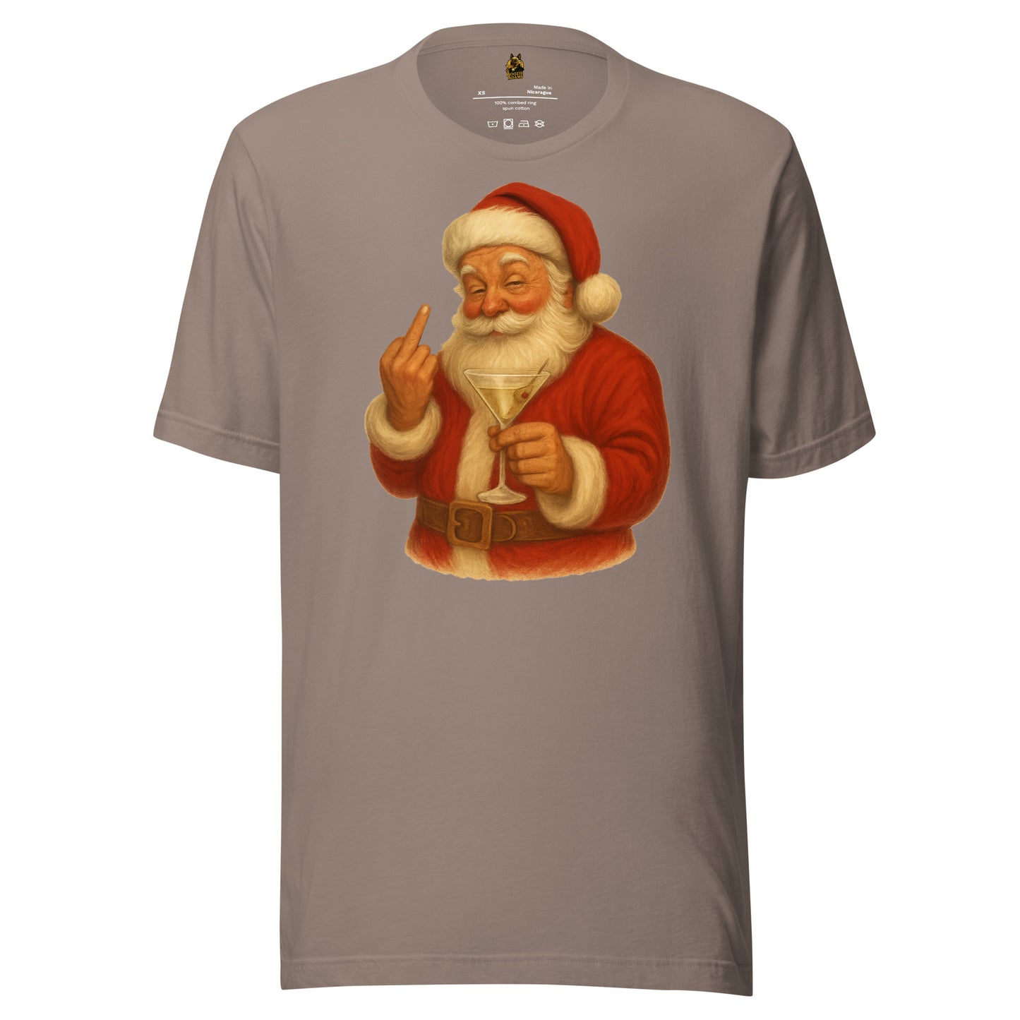 Pebble t-shirt with a graphic of a Santa Claus holding a martini glass and flipping the bird – Boozie Adams