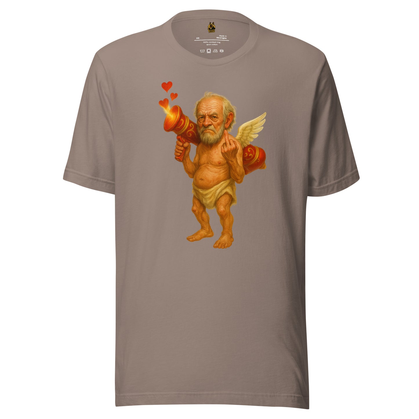 Pebble unisex t-shirt with a graphic of cupid flipping the bird – Boozie Adams