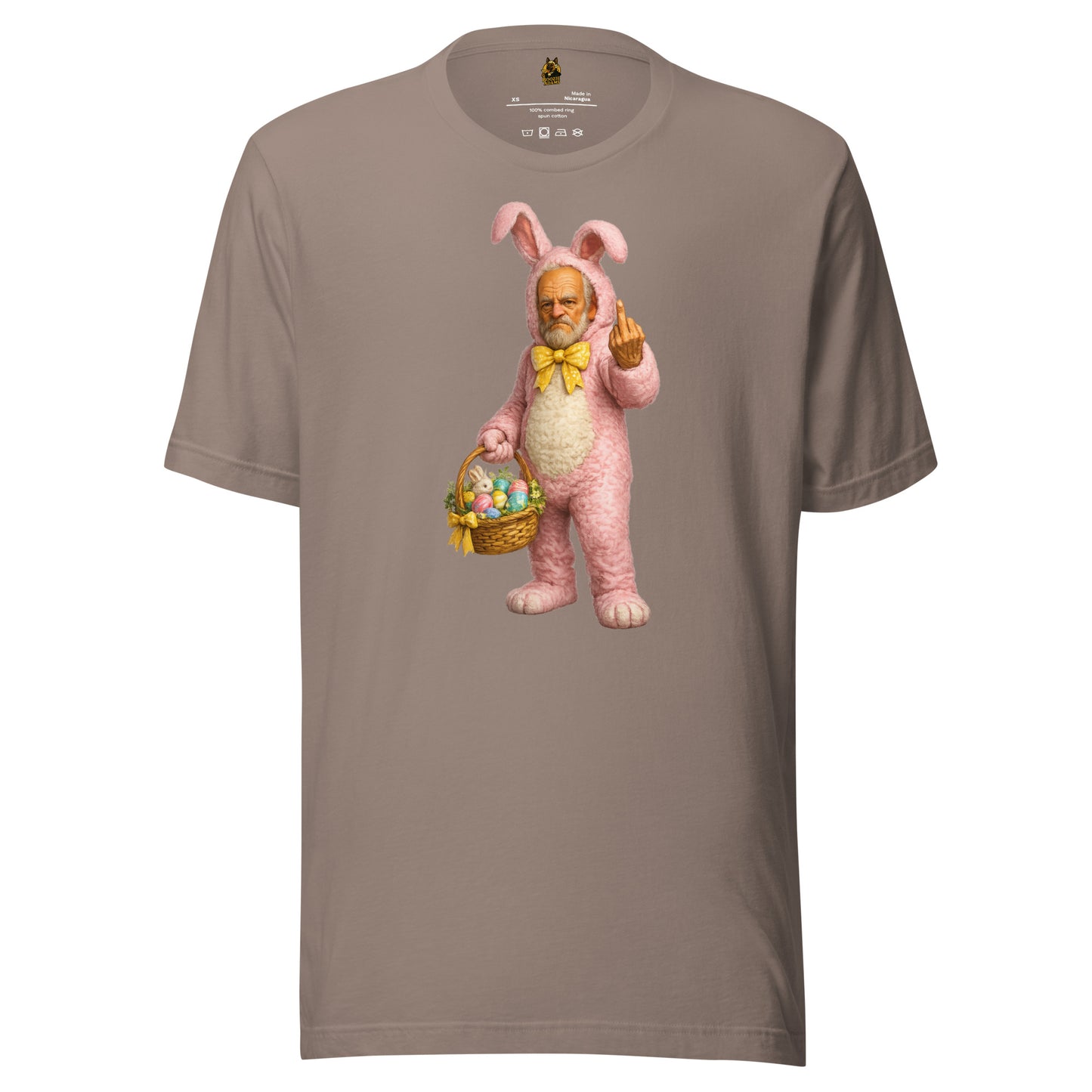 Pebble unisex t-shirt with a graphic of a person in a pink bunny costume holding an Easter basket while flipping the bird – Boozie Adams