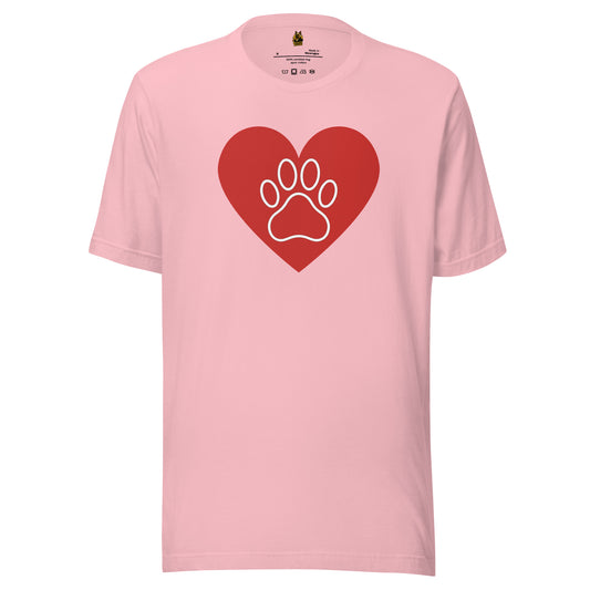 Pink unisex t-shirt with a red heart and white paw print – Boozie Adams