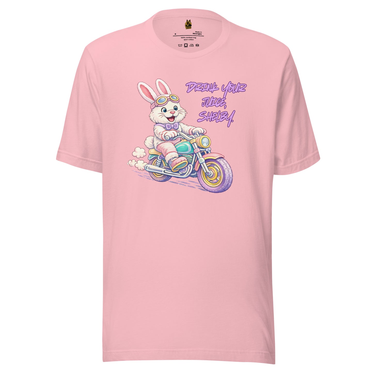 Pink unisex t-shirt with a cartoon bunny on a motorcycle and text 'Drink Your Title Shelby' – Boozie Adams
