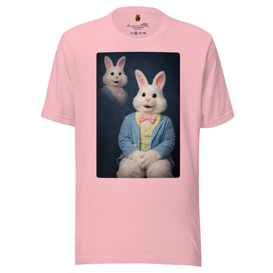 Pink unisex t-shirt with a graphic of a rabbit in a suit – Boozie Adams