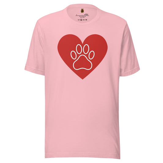 Pink unisex t-shirt with a red heart and white paw print design – Boozie Adams