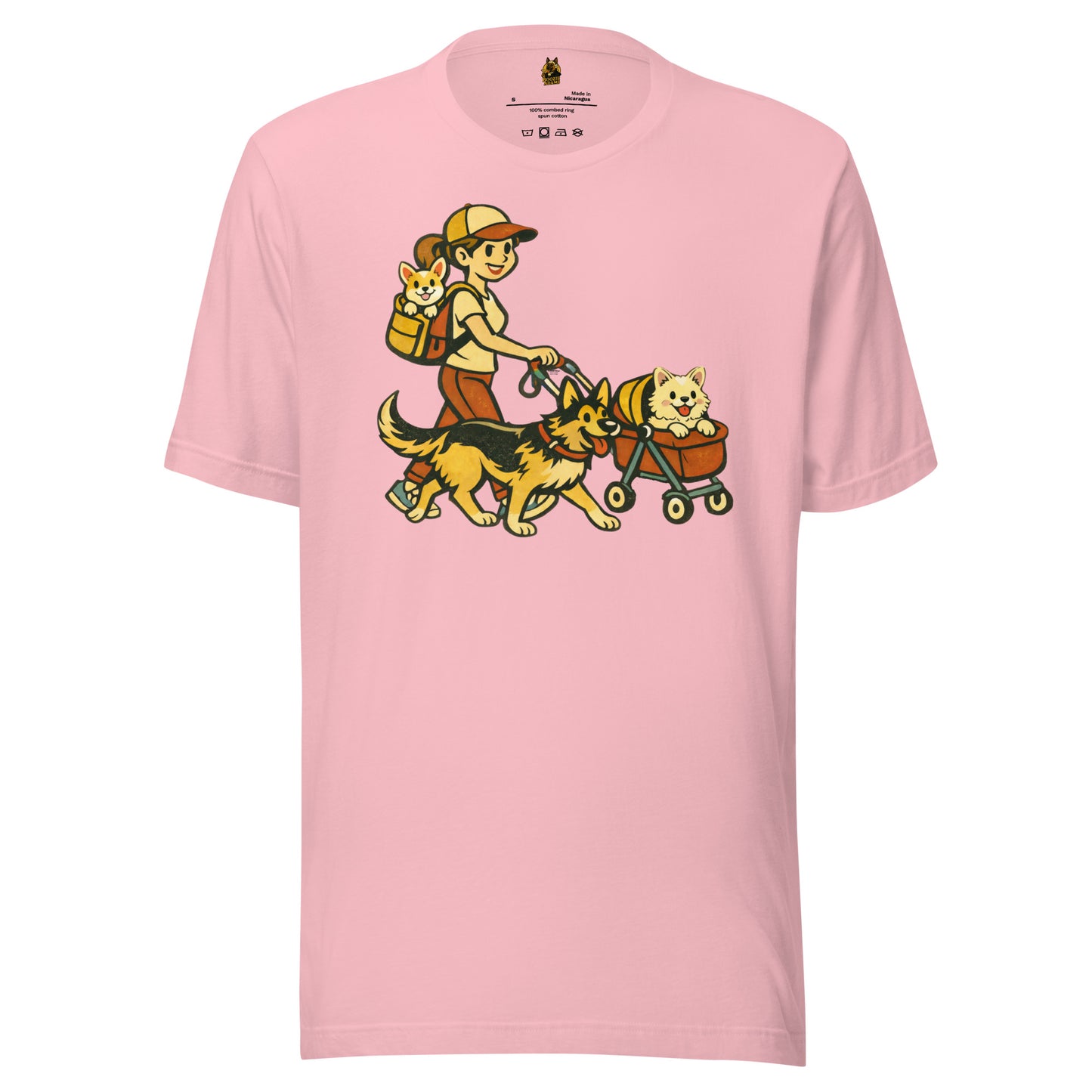 Pink unisex t-shirt with a graphic of a woman walking two dogs, one in a cart – Boozie Adams