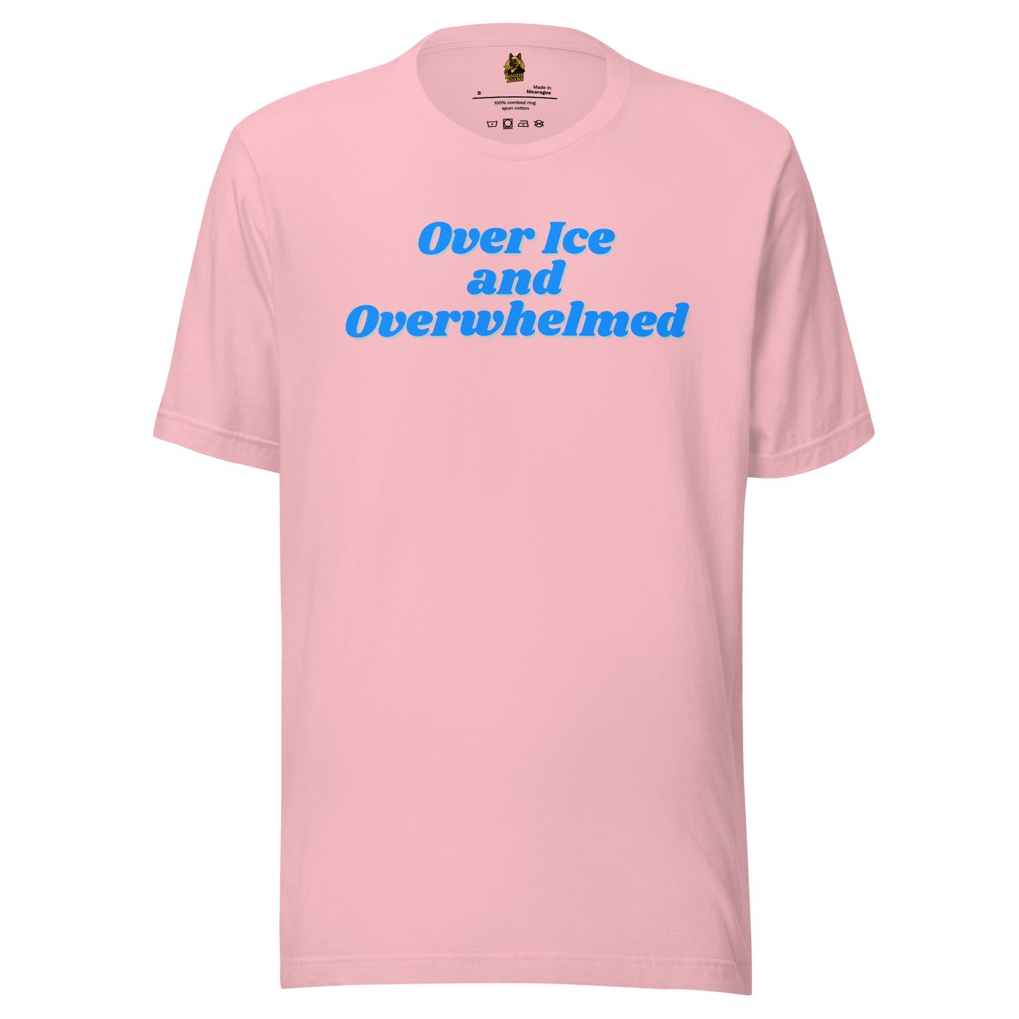 Pink unisex t-shirt with blue text 'Over Ice and Overwhelmed' – Boozie Adams