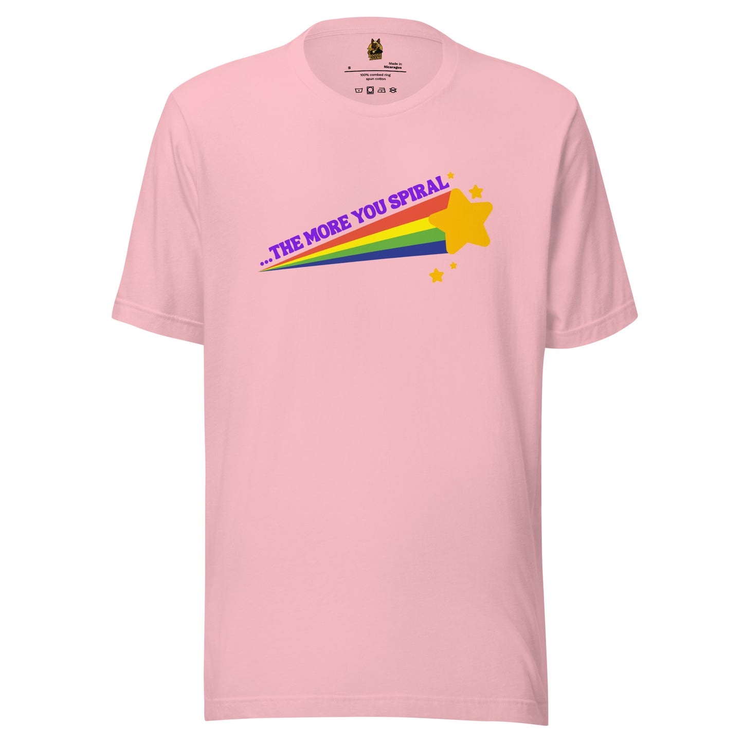Pink unisex t-shirt with a shooting star rainbow and 'the more you spiral' text – Boozie Adams