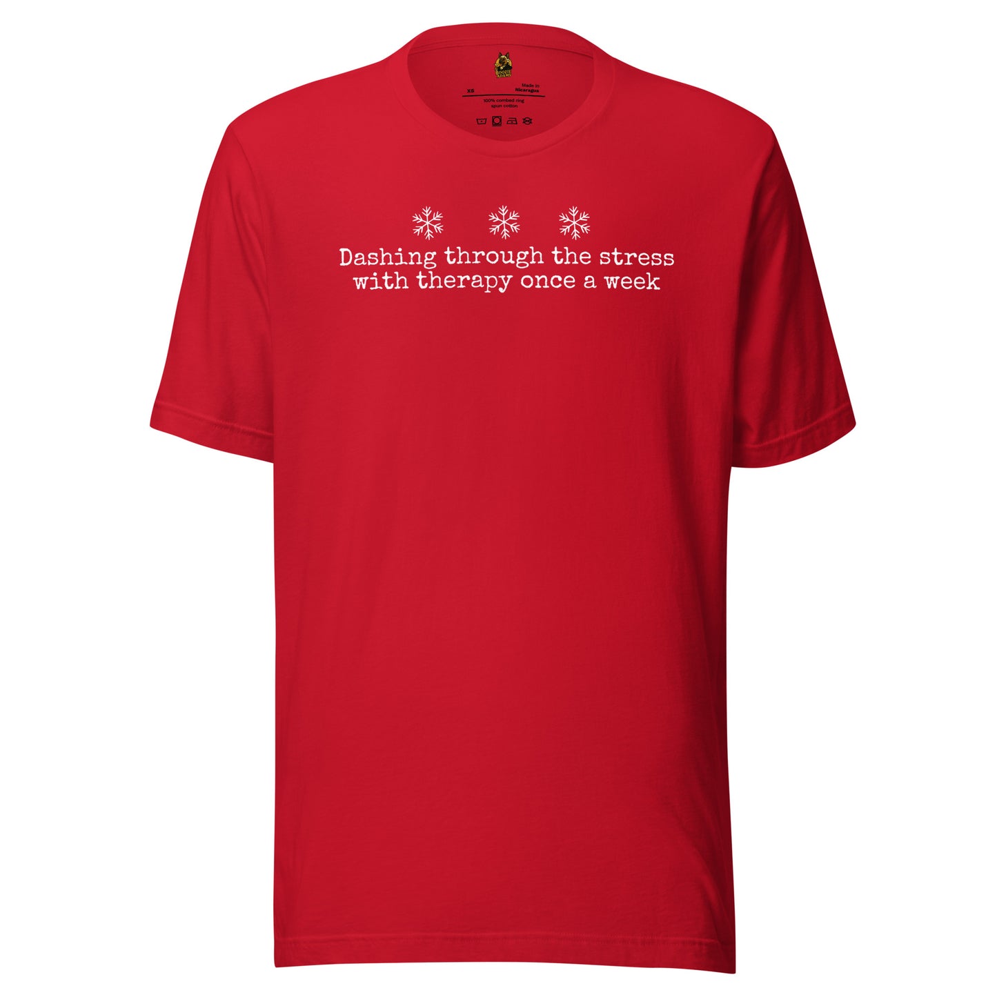 Red unisex t-shirt with white 'Dashing through the stress with therapy once a week' text and snowflake graphics in white – Boozie Adams