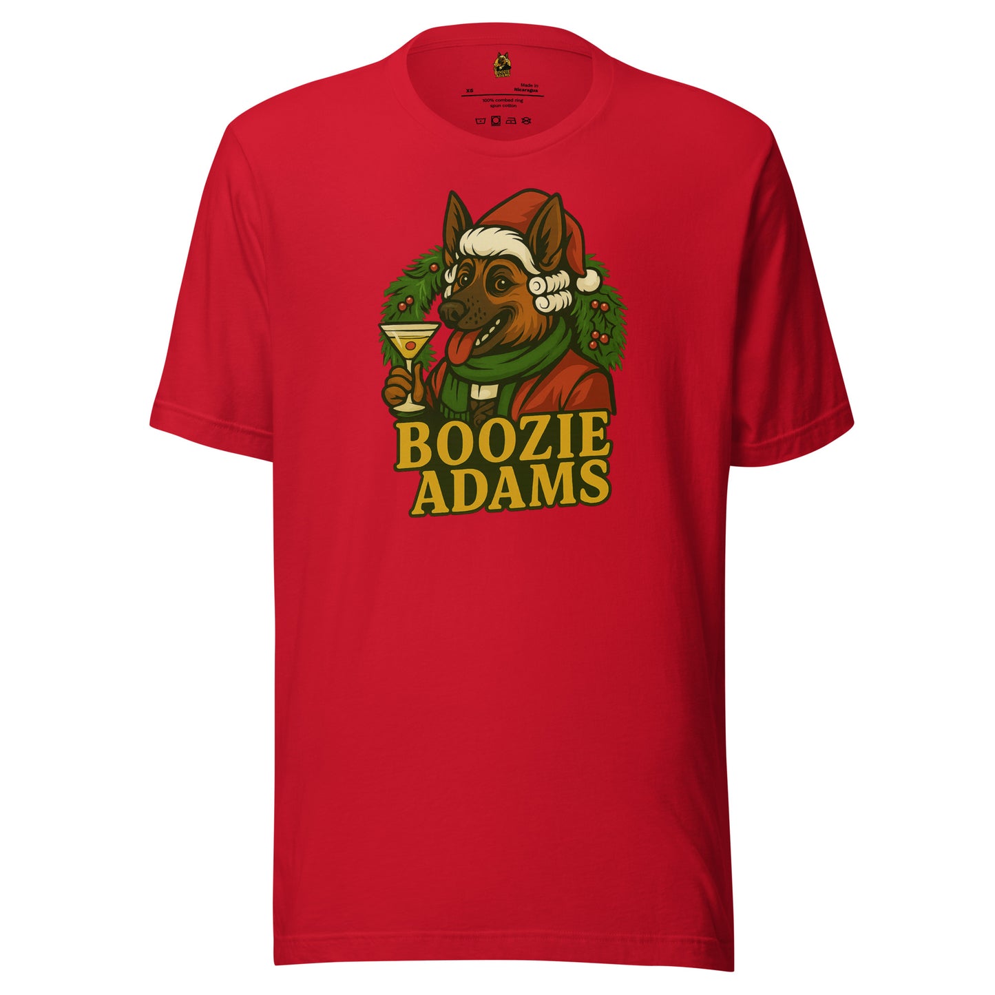 Red unisex t-shirt with a graphic of a dog in a Santa hat with a martini and a wreath and 'Boozie Adams' text – Boozie Adams