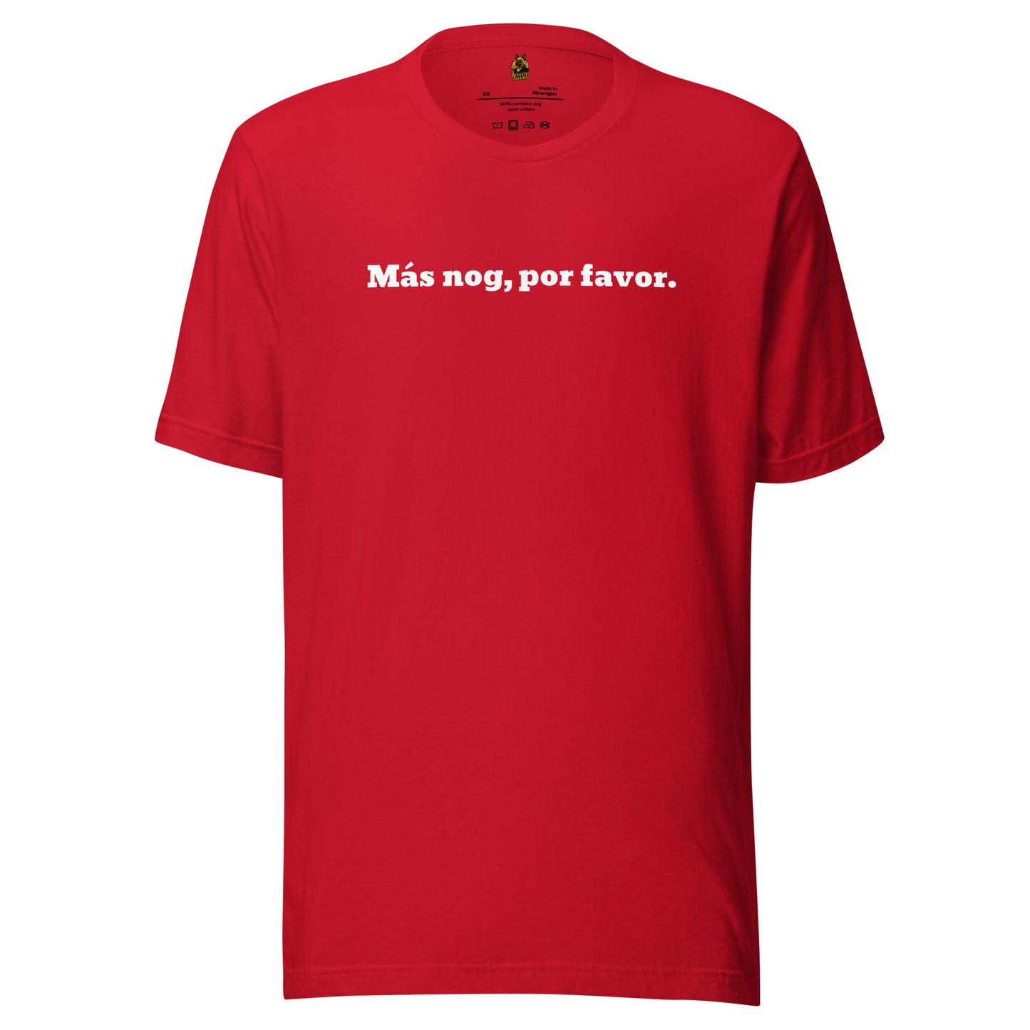 Red unisex t-shirt with white text 'Más nog, por favor.' in white. – Boozie Adams