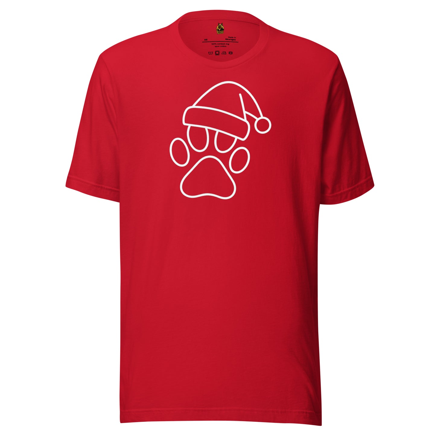 Red unisex t-shirt with a white paw print wearing a Santa hat in white – Boozie Adams