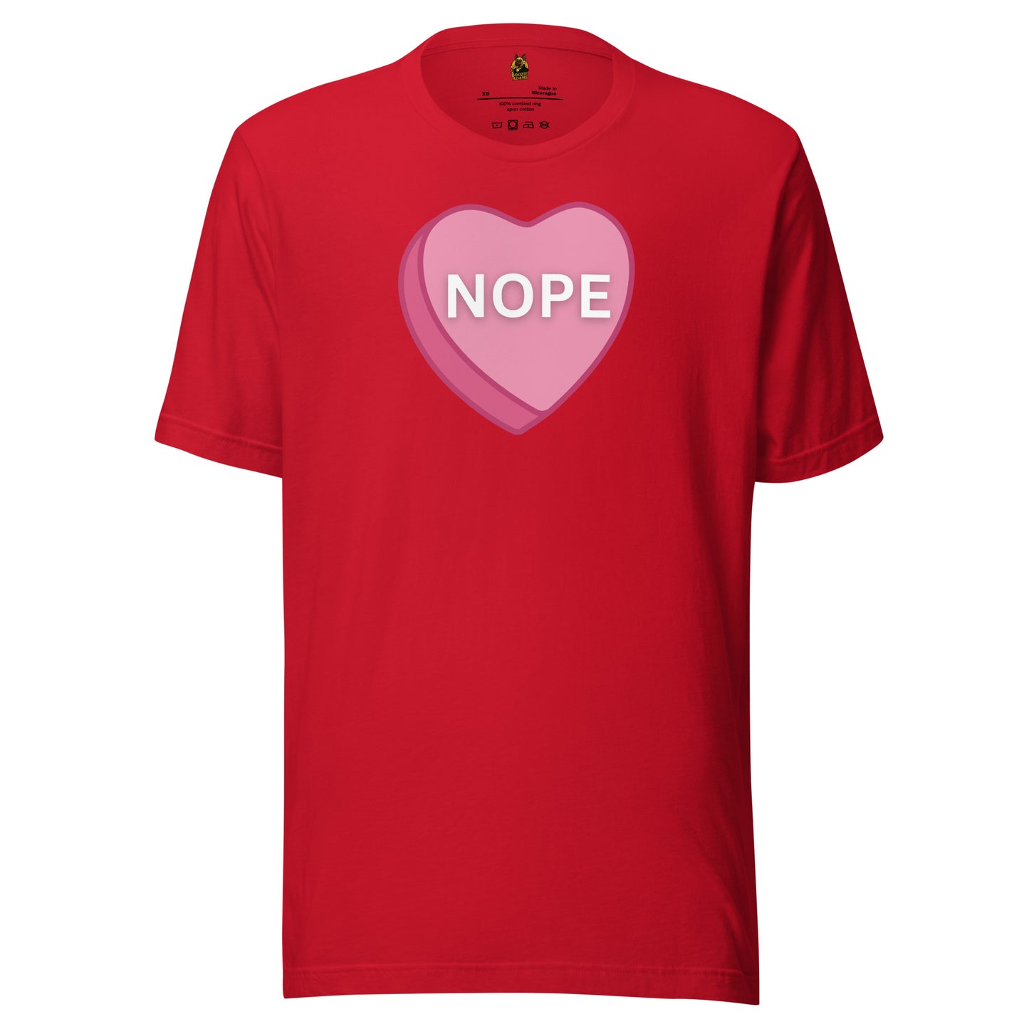 Red unisex t-shirt with a pink heart and 'NOPE' text – Boozie Adams
