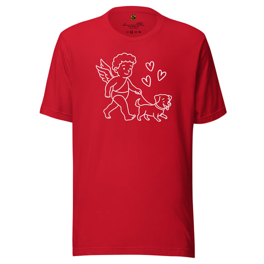 Red unisex t-shirt with white graphic of a cupid walking a dog – Boozie Adams
