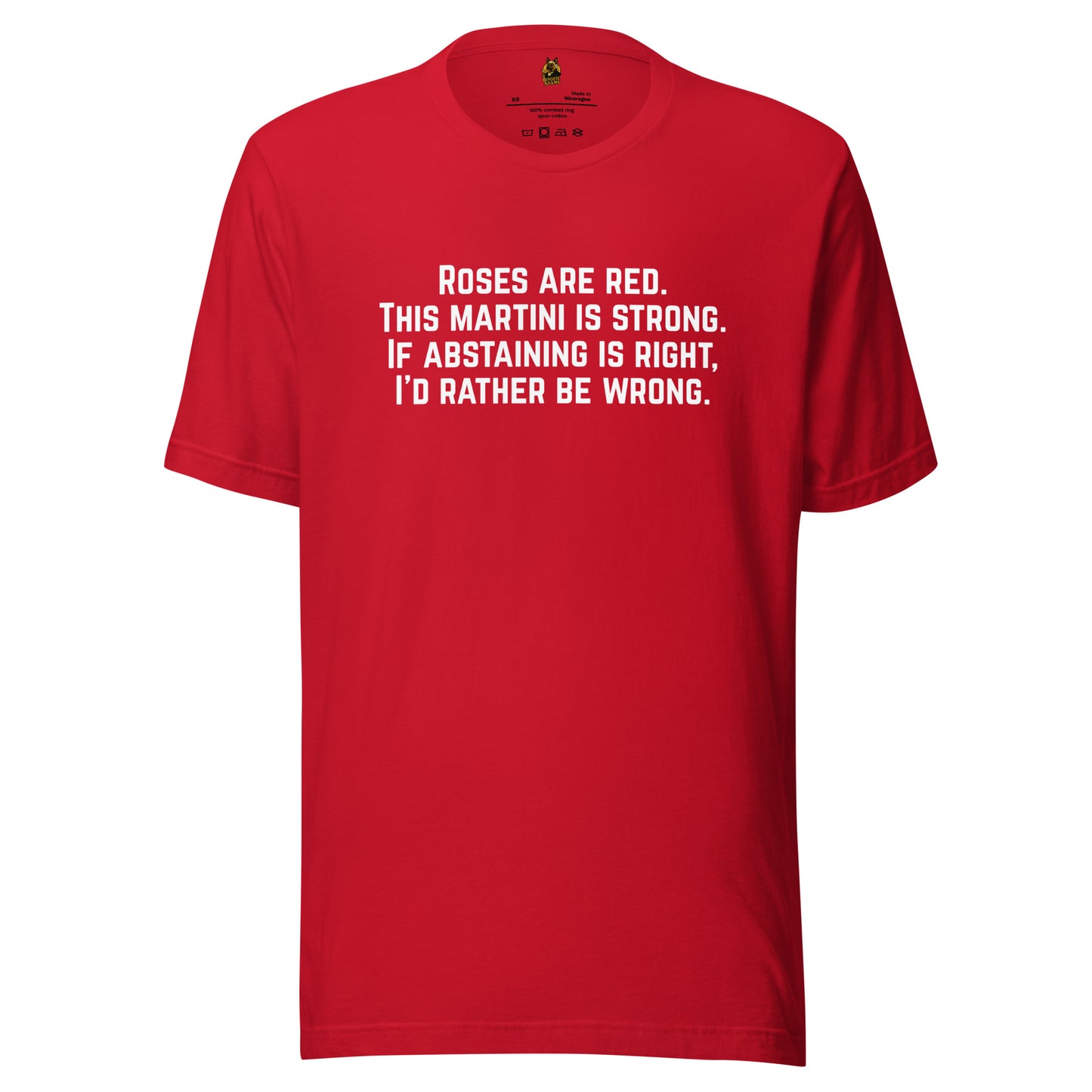 Red unisex t-shirt with humorous roses are red text – Boozie Adams
